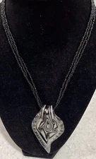 MURANO Style Art Glass Black Gray Silver Pendant On Micro Bead Chain