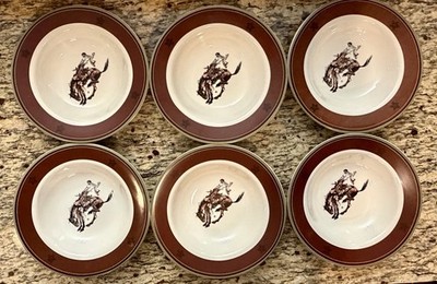 6 Set Rare Pendleton Roundup Rimmed Soup Bowl Let'er Buck Rodeo Bronco  8.75''