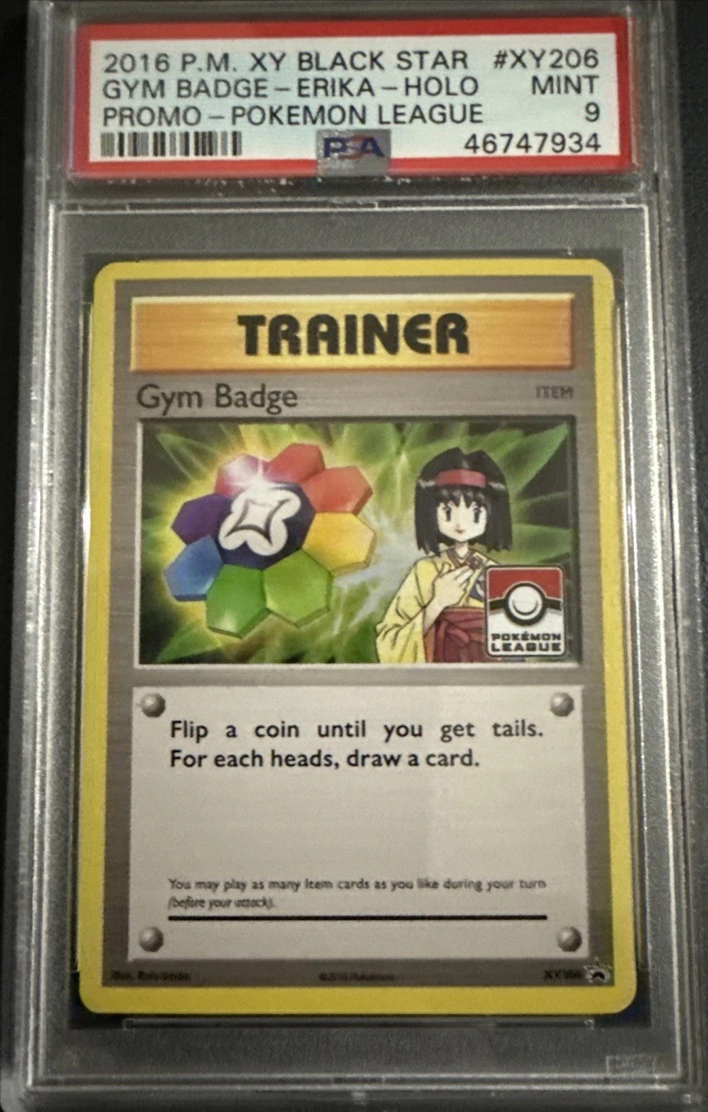 2016 P. M. XY Black Star Gym Badge Erika Holo Promo PSA 9