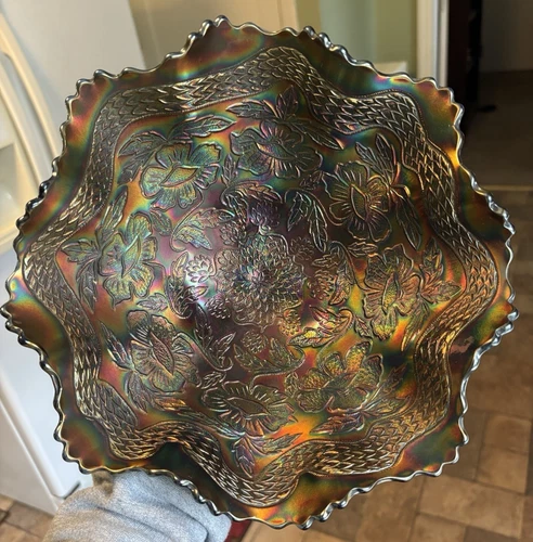 1920's Fenton Two Flowers Rare 10 3/4” Carnival Glass Footed Ruffled Bowl Cobalt