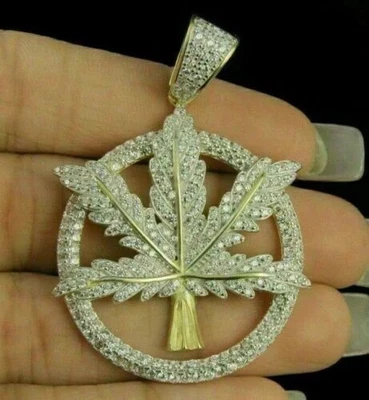 2 Karat Diamant Herren Marihuana Blatt Anhänger 14K Gelbgold vergoldet Silber - Bild 1 von 4
