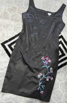 Vintage 90s Y2K ETAM Embroidered Satin Cocktail Dress Black Sheath Midi ~ UK 16