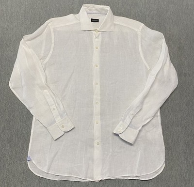 Ermenegildo Zegna Shirt Mens XL Linen Blend White Blue Flip Cuff Long Sleeve