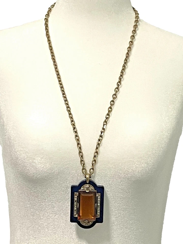 LULU FROST FOR J. CREW Necklace Pendant Art Deco Amber Navy Crystals Necklace - Image 3 of 4