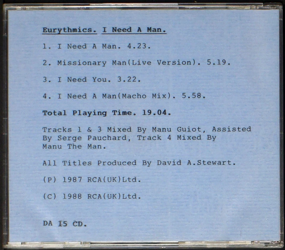 Eurythmics - I Need A Man (4 track single) - CD [08] USA Foto 2 de 3