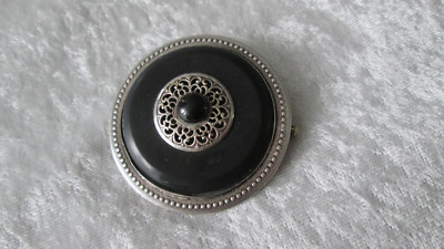 Grande Broche Ancienne Argent 925 Bakélite Et Onyx - Années 1930, Très Bon état