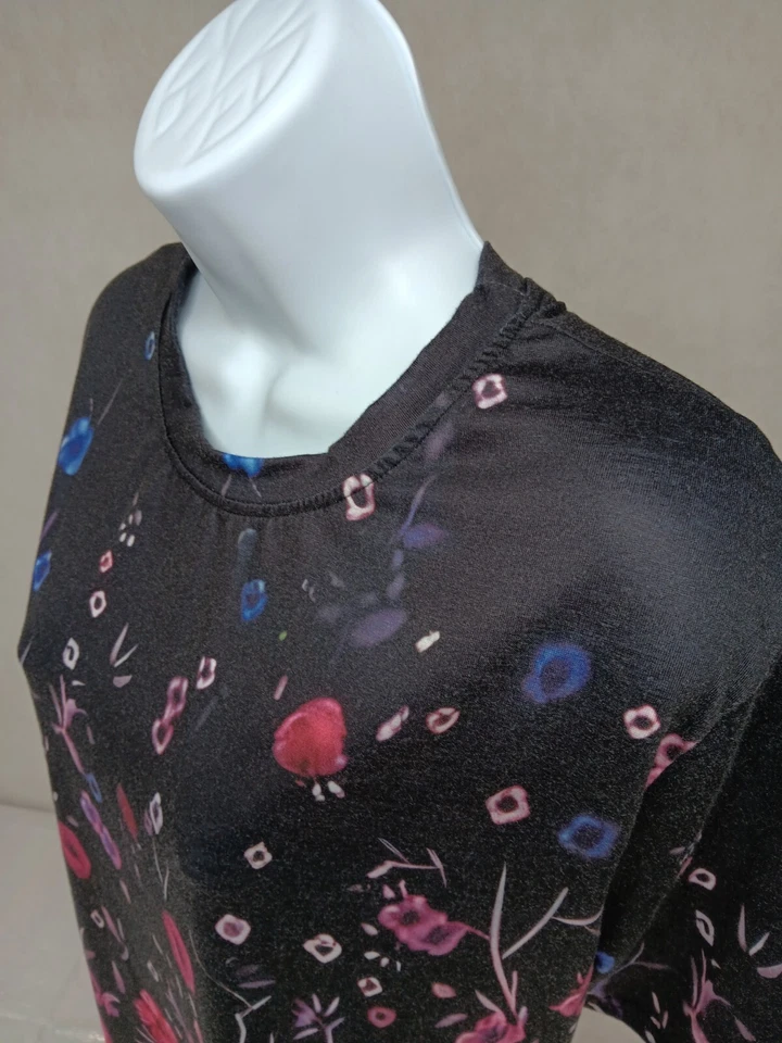 ЧЕРНЫЙ РОЗОВЫЙ ЦВЕТОЧНЫЙ ЖЕНЩИН 2 X КОРОТКИЙ РУКАВ ФУТБОЛКА ЭЛАСТИЧНОЙ - Изображение 3 из 4