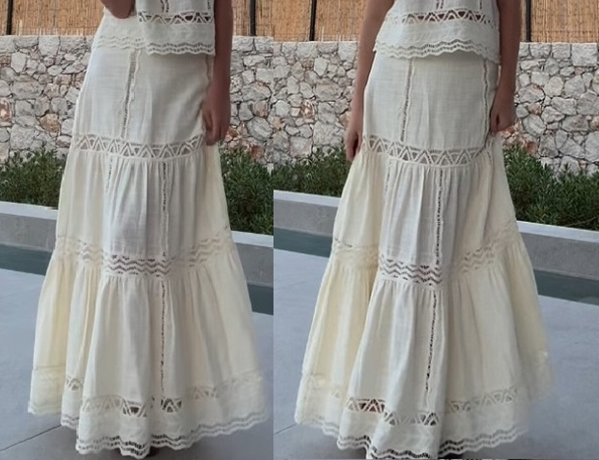 ZARA ZW ECRU RUSTIC COTTON CROCHET EMBROIDERED RUFFLED HEM
