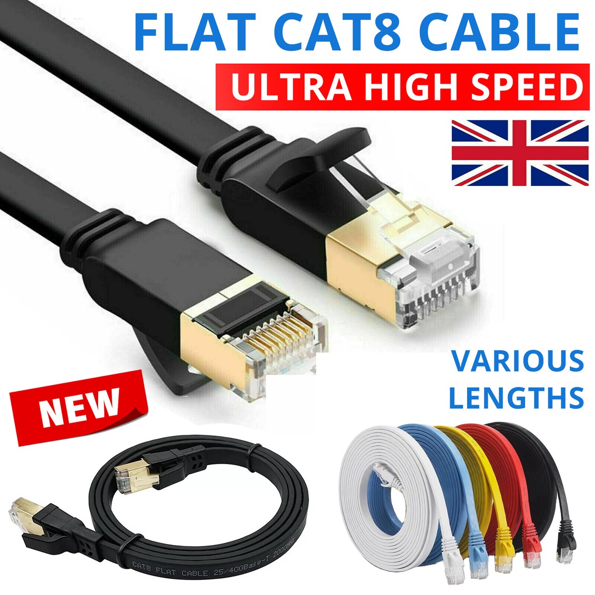 Ethernet Cables (RJ-45/8P8C RJ45 CAT8 FLAT SHIELDED ETHERNET LAN HIGH ...
