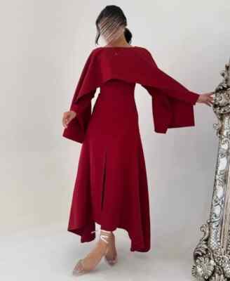 Burgundy Evening Dresses A-Line Boat Neck Middle East Asymmetrical Prom Dress