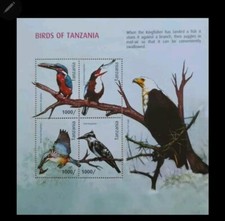 Feuille miniature 4 Val oiseaux tanzaniens (africains) 2012 Mnh Aves, OISEAUX...