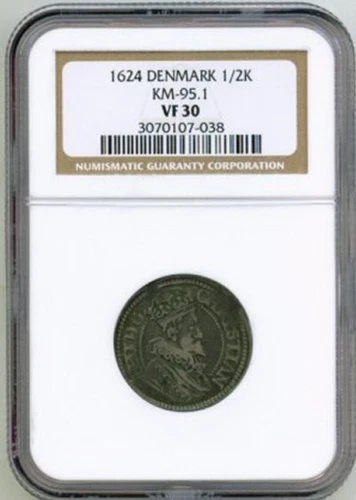 1624 SILVER DENMARK 1/2 KRONE NGC VERY FINE 30