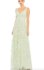 MAC DUGGAL 9162 SEQUIN SCALLOPED V-NECK RUFFLE TIERED SAGE  GOWN sz 16