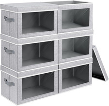 Large Storage Baskets with Lids - Stackable Cube Bins for Closet, 6 Pack Windows