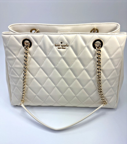 Kate Spade Carey Quilted Leather Large Tote Bag Chain Shoulder In Parchment