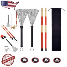 Drum Brushes Sticks, Retractable Wire, Wood/Rubber, 2 Pairs