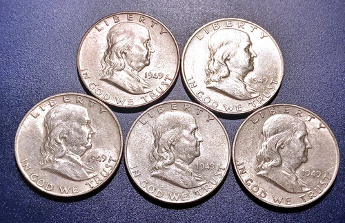 Lot of (5) AU 1949-D Franklin Half Dollars