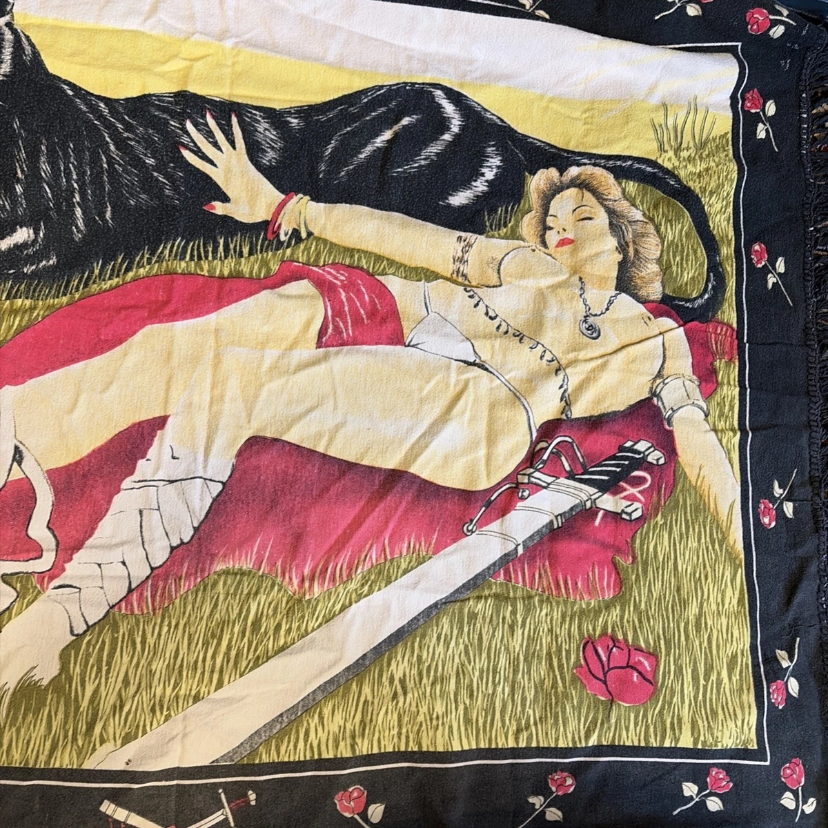 VTG Panther TAPESTRY 49x35” WALL HANGING ANIMAL JUNGLE RUG ART DECORATIVE Lady