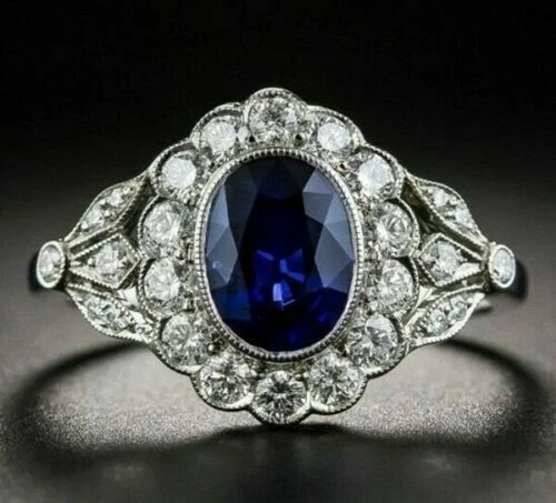Art Deco Vintage 3.80Ct Natural Blue Sapphire Wedding Ring 925 Sterling Silver