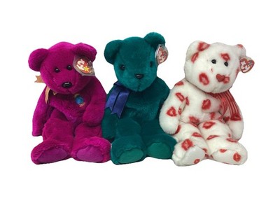 (3) 2000/01 TY Beanie Buddies Teddy Bear Plush Fuchsia/Teal/Red Hearts