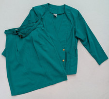Vintage 80s Women's Skirt Suit Size 16 Green Double-Breasted Belt