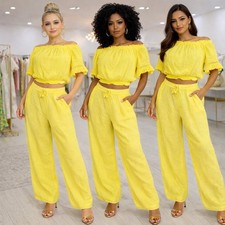 Yellow Off-Shoulder 2-Piece Outfit Set, Wide-Leg Pants, Ruffle, Elastic Waist