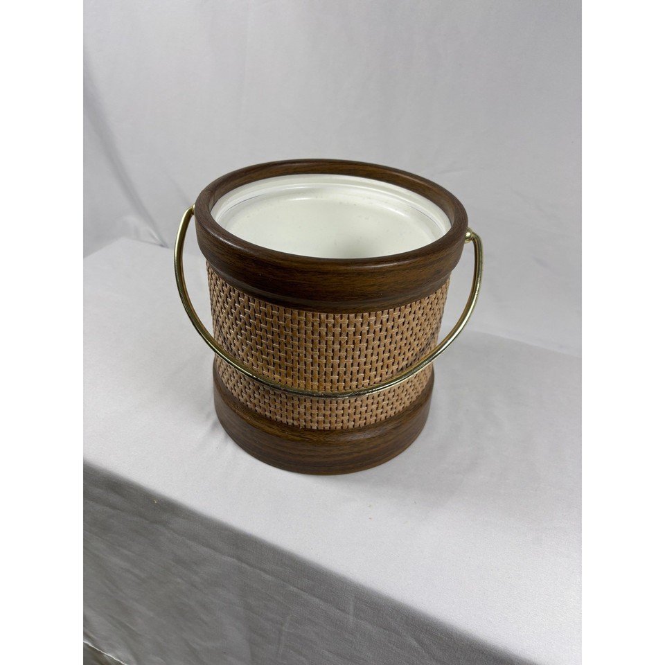 Vintage Kraftware Ice Bucket Woven Rattan Wood Grain Trim Brass Handle MCM