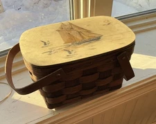 Vtg Signed Bacova Guild - Sailboat + Seagulls Lid Basket-2 Handled~ G. B. 