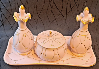 1950s Japan Pink Gold Vanity Dresser Set Tray Bottles Powder Jar