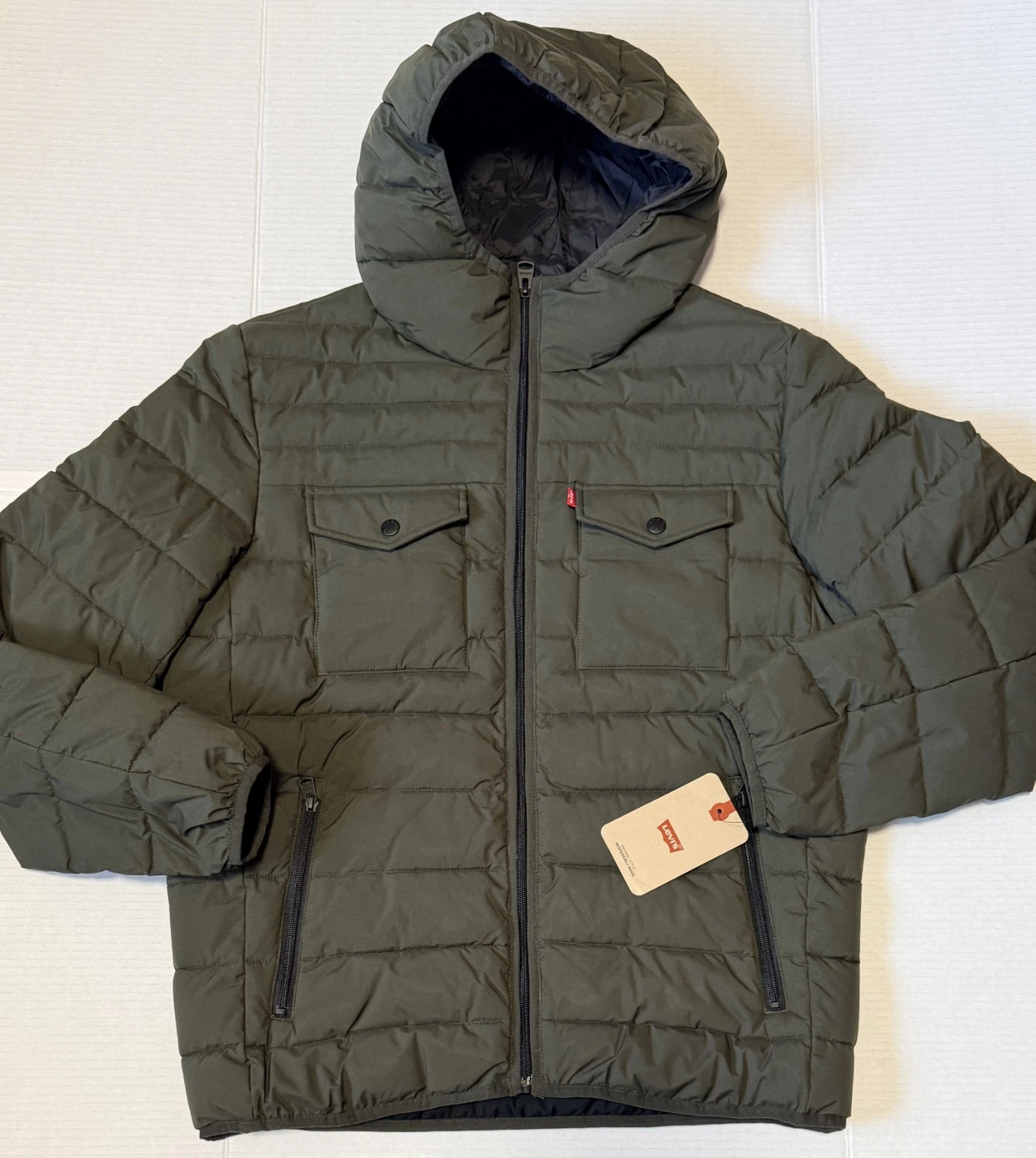 LEVI'S - Men's Olive Green Quilted Stretch Hoodie Jacket - Medium - NEW - $200