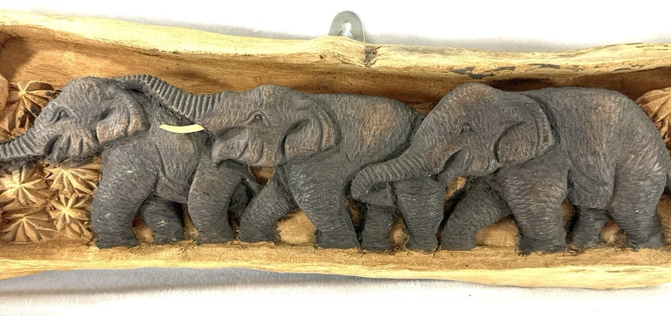 "Escultura rústica de madera tallada a mano de arte de pared de elefante decoración Bangkok 2004 16""" Foto 2 de 4