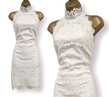 Abito estivo Karen Millen bianco pizzo collo alto linea A aderente e svasato UK 14