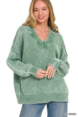 Zenana Washed Deep V-neck Oversized Sweater - Dk Green - Small