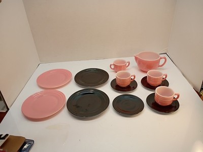 13 Hazel Atlas Pink  Black Moderntone Little Hostess Children's Dishes Platonite