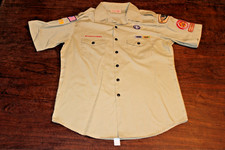 Boy Scouts of America BSA Men's Shirt Tan Large Sewn Patches Short Sleeve
