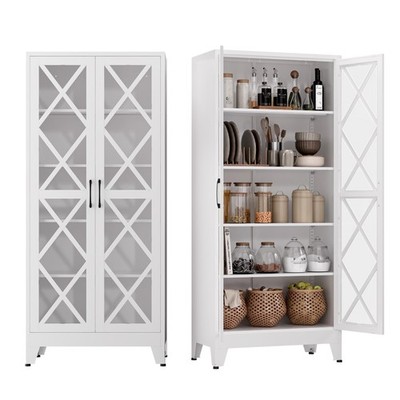 Metal Kitchen Cabinet 71'' Tall White Glass Door Adjustable Shelves Freestanding