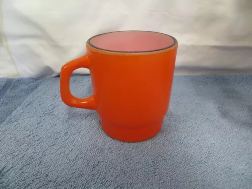 Vtg Anchor Hocking Fire King Bright Orange w/Black Stacking Coffee Cup/Mug - USA