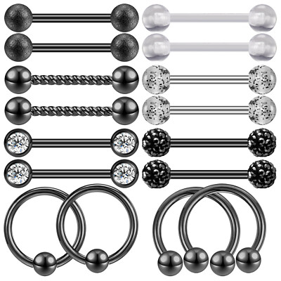 16Pcs 14G Stainless Steel Nipple Rings Barbells Tongue Piercing Nipple Piercings