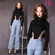 Fashion Outfit for 11.5in. Doll Clothes Set Black Cutout Sweater Denim Pants 1/6