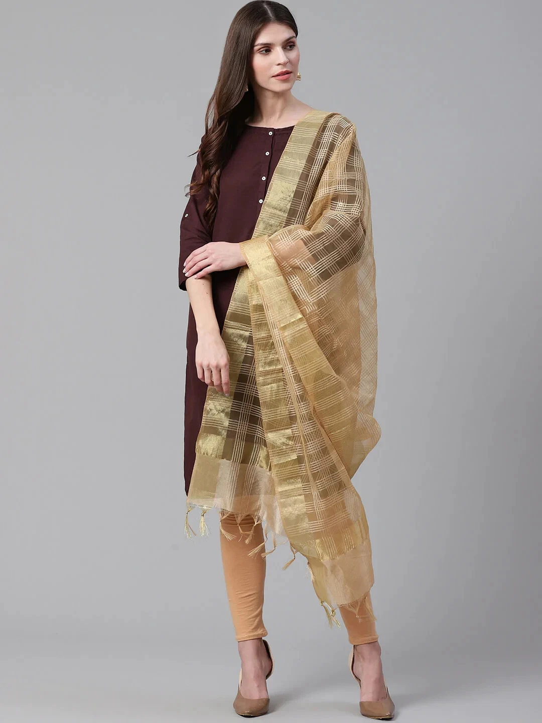 Golden Border Scarf Dupatta Chunni Chanderi Stole Hijab Sarong Neck Wrap Shawl
