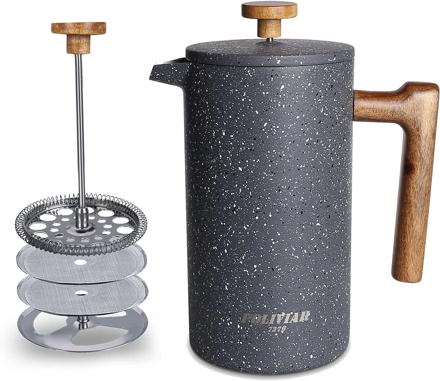 POLIVIAR French Press Coffee Maker Stainless Steel Wood Handle 4 Cups 34 Oz