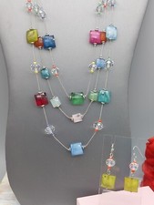 Awesome Silver Tone Necklace Earring Set Multi Color Beads Pierced Hook 20"