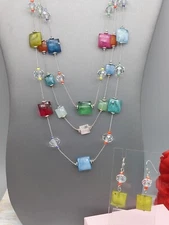 Awesome Silver Tone Necklace & Earring Set Multi Color Beads Pierced Hook 20"