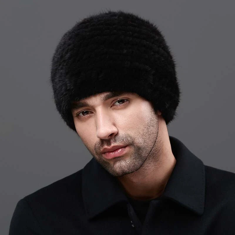 Men's Real Mink Fur Hat Warm Knitted Beanies Stretch Ski Cap Middle aged Man