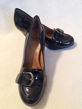 New Sofft Heels Black Patent Leather Loafer Style Buckle 6 M 
