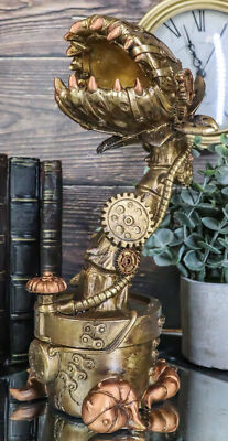 Geared Clockwork Vintage Steampunk Cyborg Venus Flytrap Plant In Pot Figurine