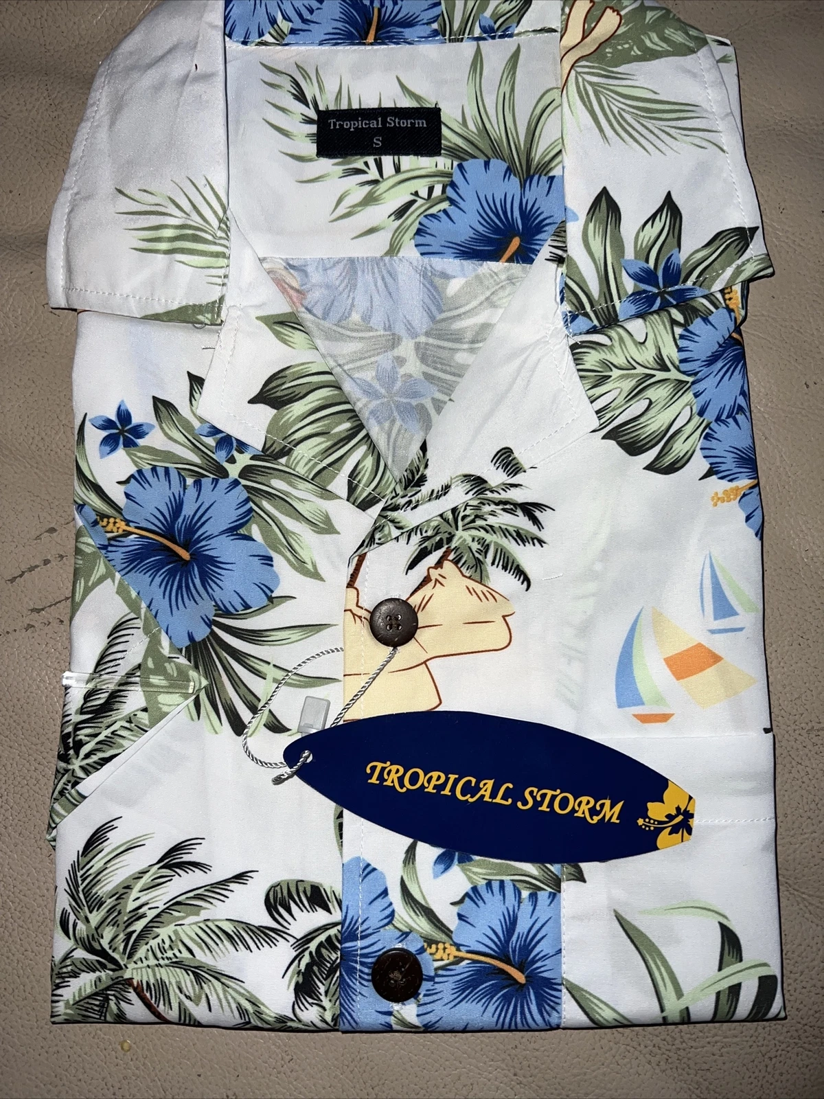 Tropical Storm FUN Hibiscus Hula Girls Palm Tree Hawaiian Buttoned Shirt Adult S