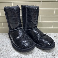 UGG 3161 Classic Short Black Sequin Sparkle Sheepskin Lined Boots Women  s Size 5