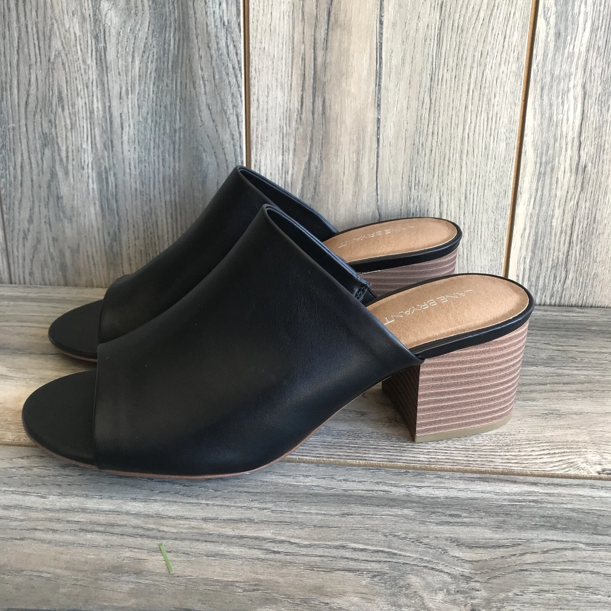 Lane Bryant Mule Sandals 11 Wide Black Leather Slides Block Chunky