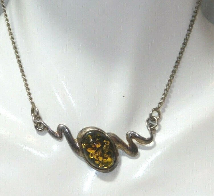 925 Argento Sterling Verde Ambra Ovale Cabochon Catenina 8h 69 - Immagine 3 di 4